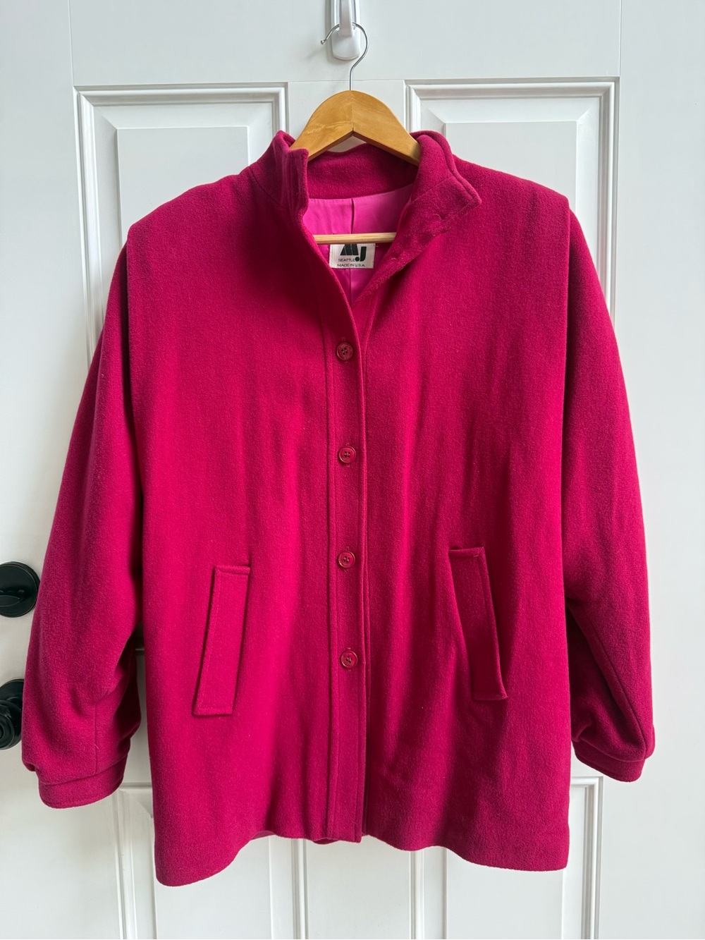 Vintage 80’s 100% Wool Coat Fuchsia Pink Made in USA boxy Dolman sleeve